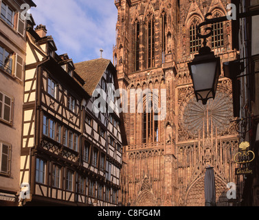 Westfassade von Notre-Dame Kathedrale, von Rue Merciere, UNESCO-Weltkulturerbe, Straßburg, Elsass, Frankreich Stockfoto