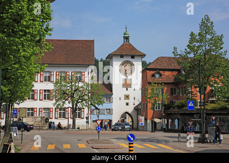 Reisen, Geographie, Architektur, Europa, Schweiz, Baselland, Laufen, Obertor, Turm, Altstadt, Uhr, Tor, Urban, Outdoor, Stockfoto