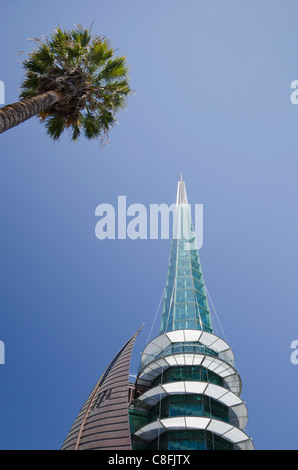 Perth Swan Bell Tower und Palm-Baum im Kasernenhof, Perth, Western Australia Stockfoto