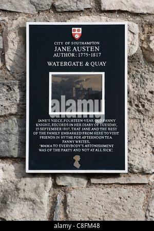 Gedenktafel für Jane Austin im Watergate und Quay, Stadt Southampton, Hampshire, England, UK Stockfoto