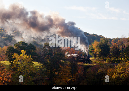 Alte Dampflok zieht Fracht durch ländliche Landschaft im Herbst Stockfoto