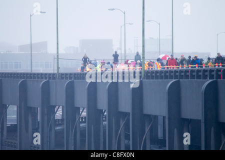 Öffentlichen spaziergang Deck der alaskischen Weise Viaduct nach oben Abbrucharbeiten zu sehen und vor kurzem Bau, Seattle, washi abgeschlossen Stockfoto