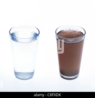 Reinigen und verschmutztes Wasser in Trinkglas - isoliert Stockfoto