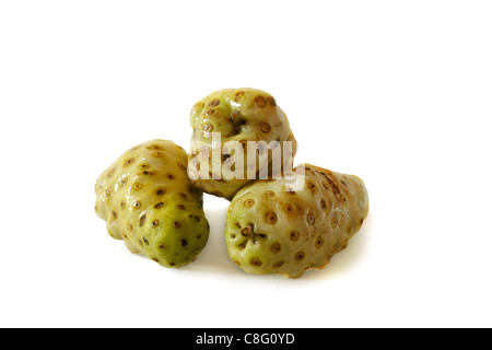 Morinda citrifolia (allgemein bekannt als große Morinda, Indische Maulbeere, Strand Mulberry, Tahitian Noni, Käse, Obst, oder Noni) auf weißem Hintergrund Stockfoto