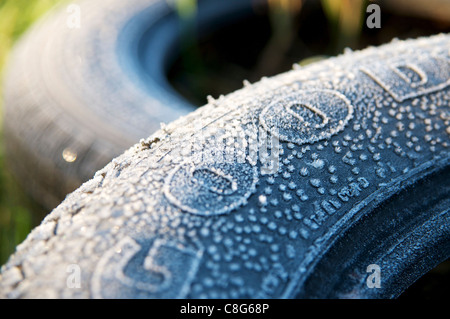 Nahaufnahme der einen alten Reifen mit weichen Reim am Morgen auf einer Farm in Deutschland. Stockfoto