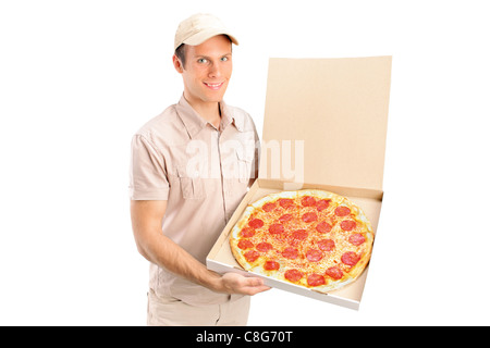 Liefert eine Pizza Bote Stockfoto