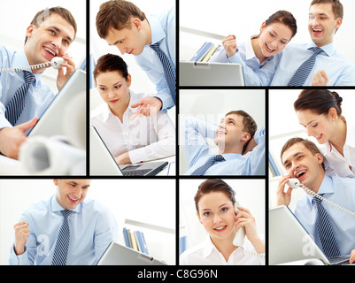 Collage von beschäftigt Begleiter im Büro arbeiten Stockfoto