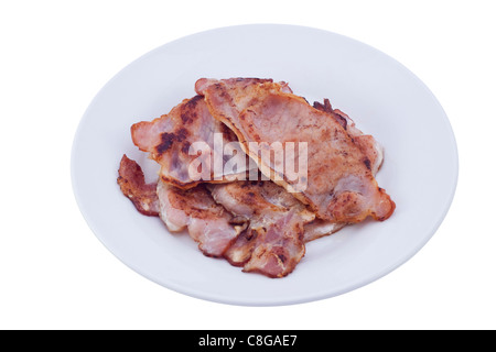 Gegrillter Speck auf Platte. Bild ist isoliert auf weißem Hintergrund. Stockfoto