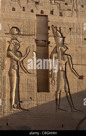 ISIS und Horus, Basrelief, Isis-Tempel, Insel Agilkia, Philae, Assuan, Ägypten Stockfoto