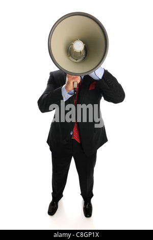Geschäftsmann mit Megaphon isoliert auf weißem Hintergrund Stockfoto
