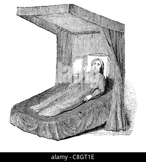 frühe englische Bett Schlafzimmermöbel Antik schlafenden Quartal private Kammer Bettdecke Decke Kissen Kopfteil Bettruhe Stockfoto