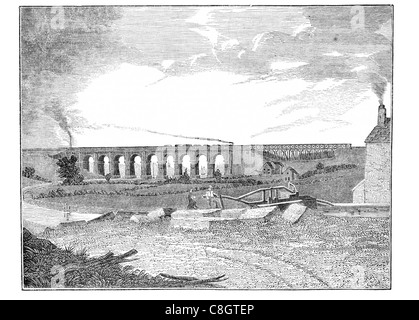 Sankey Viadukt Liverpool Manchester Railway rötlich Dampf Lok Brook aus rotem Backsteinbogen Bögen Stockfoto