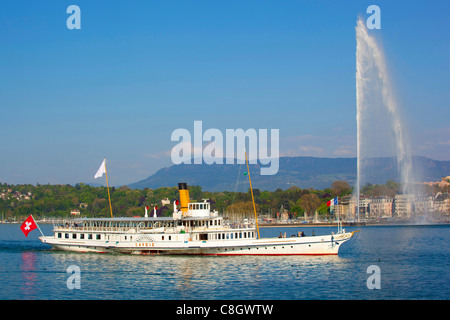 Genf, Schweiz, Europa, Kanton Genf, Stadt, Stadt, Hafen, Hafen, Eingang, Brunnen, Jet d ' eau, Genfer, See, Leman, Schiff Stockfoto