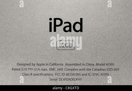 Nahaufnahme Foto Ipad Zeichens mit dem hergestellten Informationen über Apple Ipad2 hinten Rückwand. Stockfoto