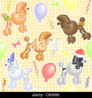 nahtlose Hintergrund mit lustige Hunde Pudel Rasse, verziert mit Schleifen und Wintermütze und New Caps und Luftballons Stockfoto
