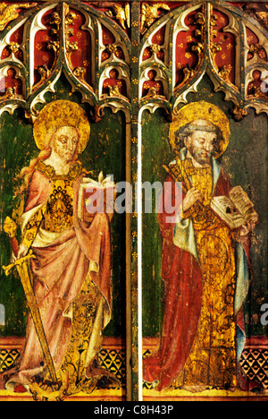 Filby, Norfolk, Lettner, St. Katharina von Alexandrien mit Rad, Schwert, St. Peter mit Schlüssel männlichen Heiligen Heiligen Englisch Stockfoto