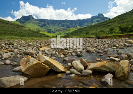 Ansicht der Drakensberge Amphitheater aus Tugela River unterhalb, Südafrika Stockfoto