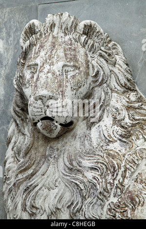 Nahaufnahme der Löwenstatue an der Fassade der Scuola Grande di San Marco in Venedig Stockfoto