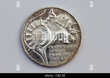 1972, Olympische Spiele, Bayern, Gedenkmünzen, Silber, 10 Mark, Währung, Deutsch, Mark, München, Silber Medaille, West Deutschland Stockfoto