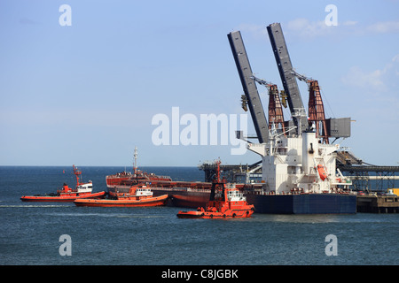 Schlepper auf einem Frachter im Hafen drängen. Stockfoto