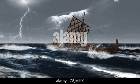 Wikinger-Langschiff im Atlantik oder Nordsee Sturm Stockfoto