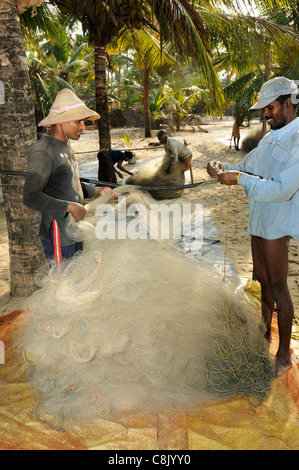 Die Fischer ihre Netze reparieren unter Palmen neben dem Arabischen Meer in der Nähe von Alappuzha, Kerala, Indien Stockfoto