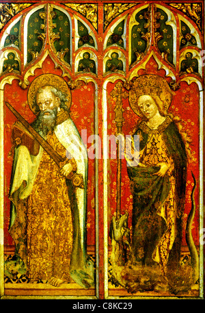 Filby, Norfolk, Lettner, Heiligen Paulus mit Schwert, St. Margarete von Antiochia mit Crozier und Drachen männlichen Heiligen Englisch Stockfoto
