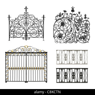 Sammlung von schwarzen Geschmiedete Tore und dekorative Gitter mit Blumen isoliert auf weißem Hintergrund geschmiedet Stockfoto