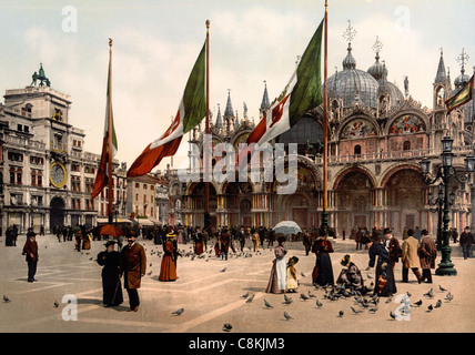 Füttern von Tauben in St.-Markus Platz, Venedig, Italien, um 1900 Stockfoto