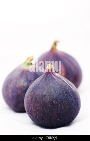 Ficus Carica. Drei schwarze Bursa Feigen auf weißem Hintergrund. Stockfoto