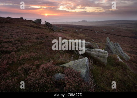 Einen nebligen Herbst Sonnenaufgang über Nidderdale aus High Crag Ridge in der Nähe von Pateley Bridge und Gewächshäuser in Yorkshire, England Stockfoto