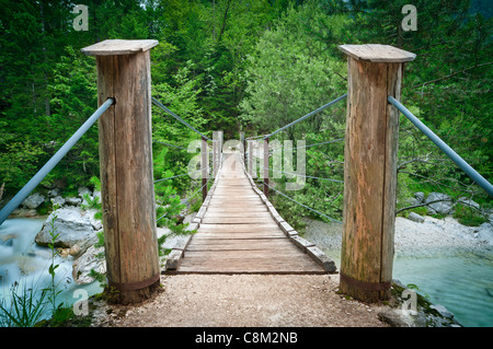 Hölzerne Hängebrücke über Bergfluss im Nationalpark. Stockfoto