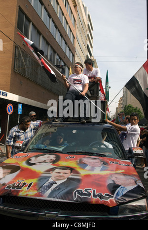 Unterstützer des syrischen Regimes von Bashir Assad während einer Demonstration in Hamra, West-Beirut, Libanon am 23.10.2011. Stockfoto