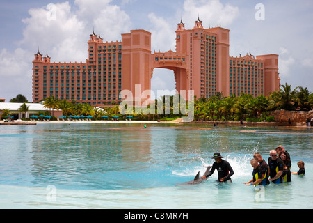 Dolphin Cay mit Royal Towers in den Hintergrund, Atlantis Resort Paradise Island, Bahamas, Karibik Stockfoto