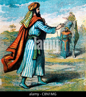 Bibelgeschichten - Illustration von Isaak, der ins Feld ging, um zu beten, als Rebekka auf Einem Kamel kam Genesis xxiv 32-67 Stockfoto