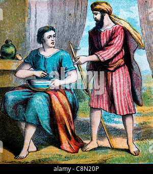 Bibel Geschichten-Illustration von Esau, die wieder von den Feldern hungrigen Stockfoto