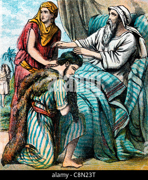 Bibel Geschichten-Illustration von Rebekka und Jakobs Täuschung von Isaac Stockfoto