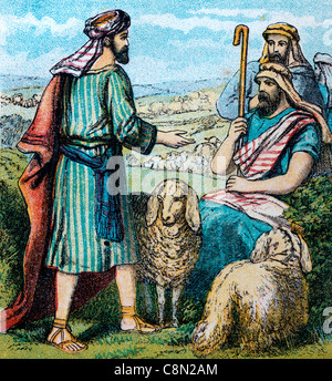 Bibel Geschichten-Illustration von Jacob weiter auf seiner Reise kam er in das Land der Menschen Stockfoto