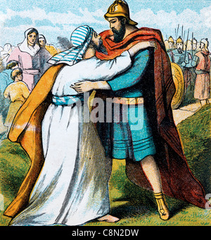 Bibel Geschichten - Illustration von Jacob und Esau umarmen nach Jacob verneigte sich selbst, die Boden sieben Mal Genesis xxxiii Stockfoto