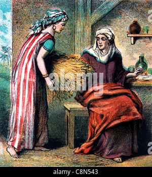 Bibel Geschichten-Illustration von Ruth Einnahme zuhause die Gerste, die sie gemeinsam mit ihrer Mutter im Gesetz Naomi aufgelesen hat Stockfoto