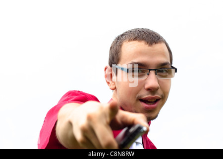 Junger erfolgreicher Geschäftsmann, isoliert auf weißem Hintergrund. Stockfoto