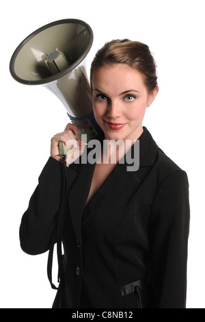 Porträt der schönen Geschäftsfrau hält Megaphon isoliert auf weißem Hintergrund Stockfoto