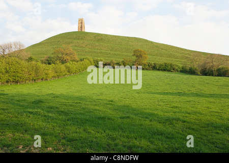Großbritannien, England, Somerset, Glastonbury, Ansicht des Glastonbury Tor (Hügel) mit St. Michaels-Turm an der Spitze Stockfoto