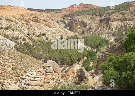 Spanien, Andalusien, Alpujarras, La Peza, Landschaft mit Tal und die Berge Stockfoto