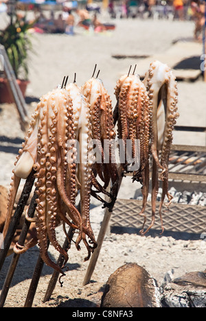 Salobrena, Kraken über glühende Kohlen am Strand grillen, Granada, Andalusien, Spanien Stockfoto