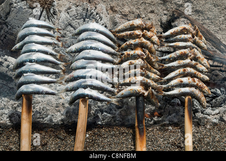 Spanien, Andalusien, Granada, Salobrena, Fisch vom Grill über glühende Kohlen am Strand Stockfoto