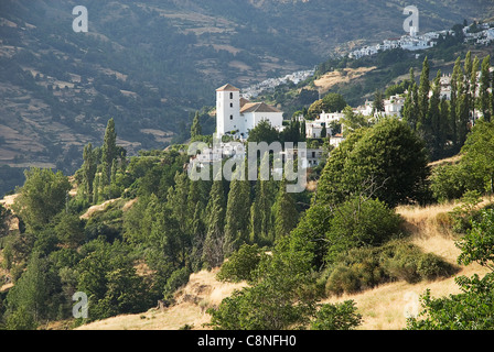 Spanien, Andalusien, Alpujarras, Capileira, Blick Richtung Dorf auf der Seite eines Berges Stockfoto