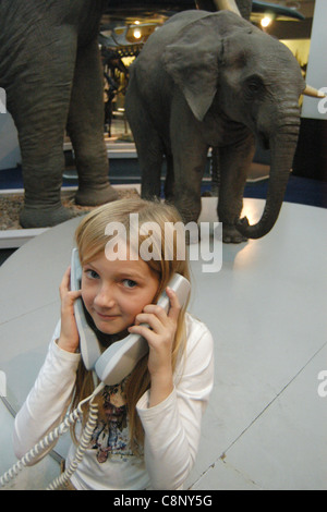 Junge Besucher vergleicht Stimmen der afrikanischen und asiatischen Elefanten im Natural History Museum in London, Vereinigtes Königreich. Stockfoto