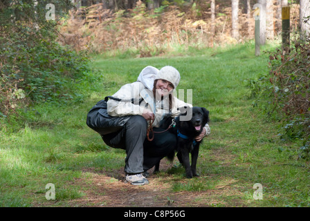 Junge Dame und Hund in Thetford Forest, Norfolk, East Anglia, England, UK Stockfoto