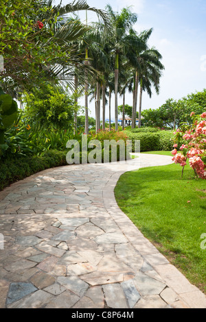 Gebogene Wanderweg führt zum Meer in einem tropischen Garten Stockfoto